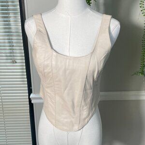 Sleeveless Leather Scoop-Neck Crop Top in Light Beige